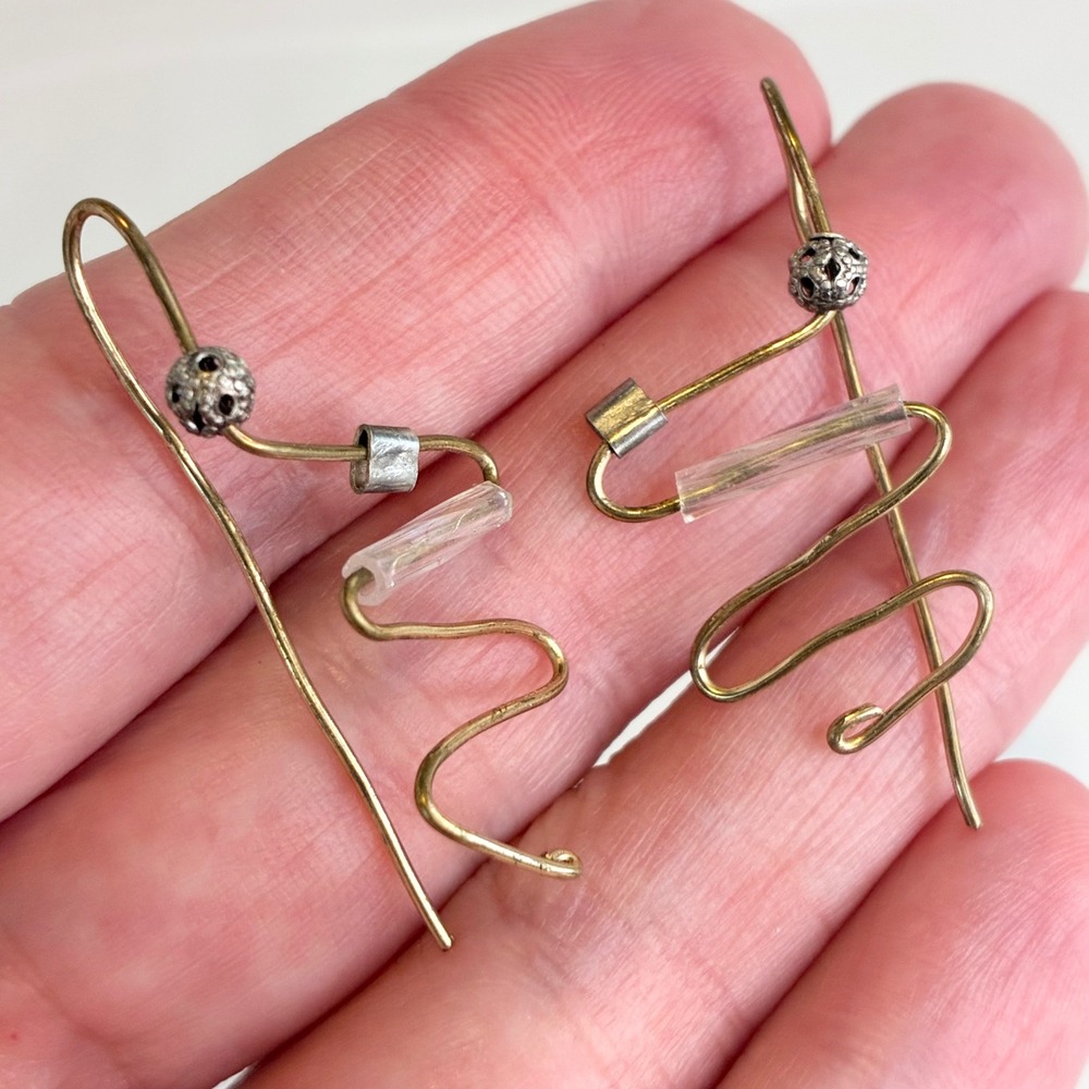 Vintage Earrings Abstract Zig Zag Wire Gold Tone Glass Bead Artisan Modernist - Picture 2 of 11